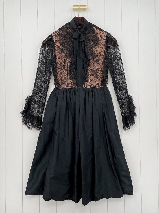 Geoffrey Beene Dresses & Skirts - Vintage RARE 60s Geoffrey Beene Black Lace High Neck Ruffle Long Sleeve Dress 12